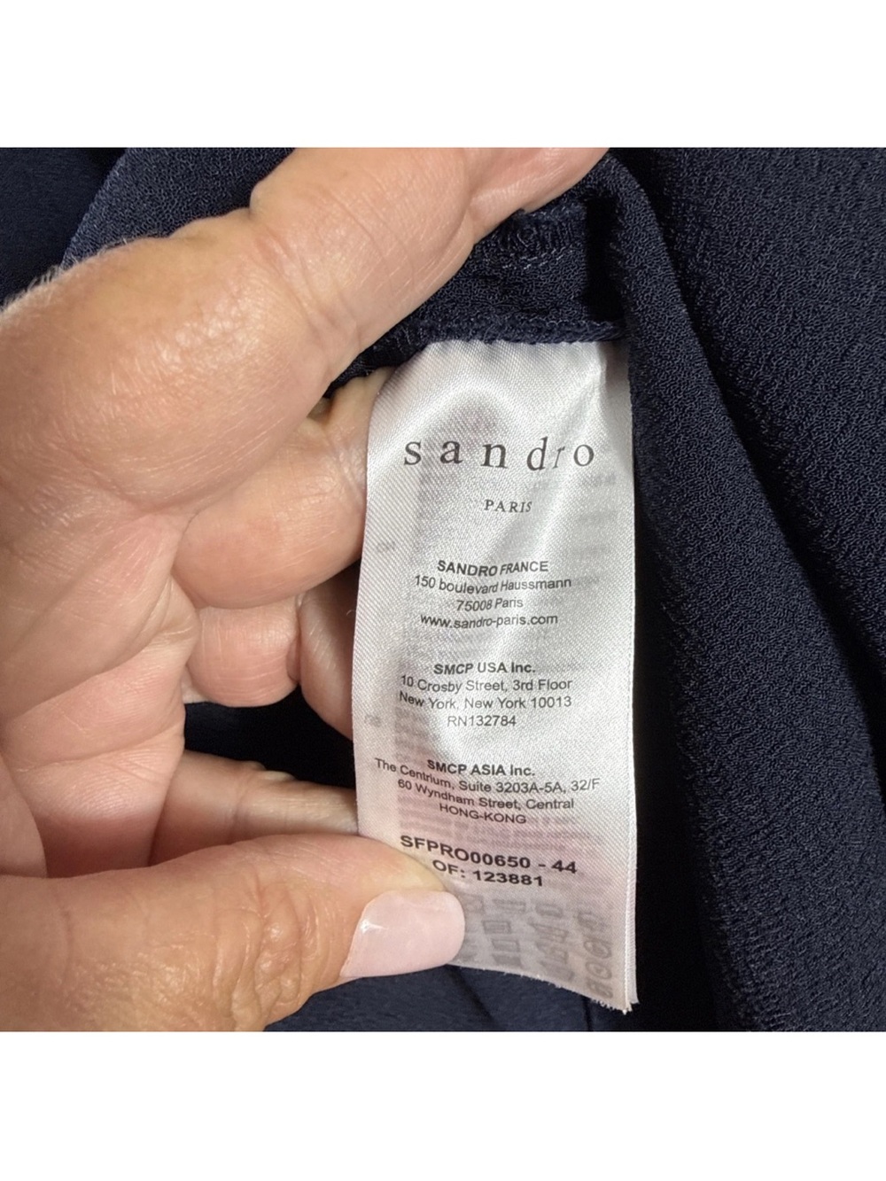 Women’s Sandro Paris Dress S 6 (38) Navy White SilkCuffs Lt Blue Neck Tie V Neck - Picture 10 of 10